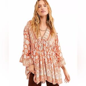 FREE PEOPLE Moonlight Dance Red Coral Printed Ruffled Tunic Top Women’s Size XS
